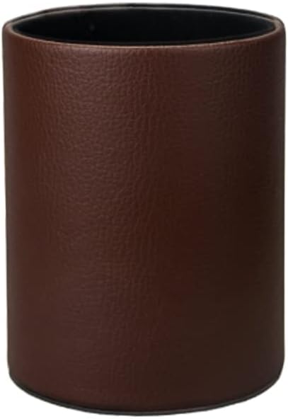Pen Pencil Holder Cup Container, Brown PU Leather Desk Organizer Stand for Scissors, Brush, Office Decor