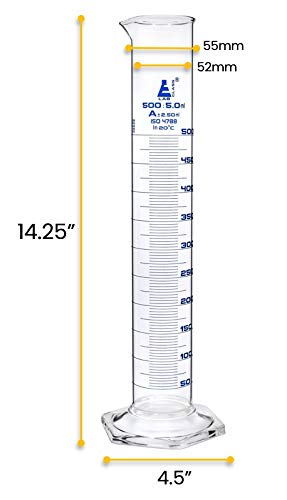 EISCO Graduated Cylinder 500ml - Class A Tolerance ±2.50ml - Borosilicate 3.3 Glass - Hexagonal Base with Blue