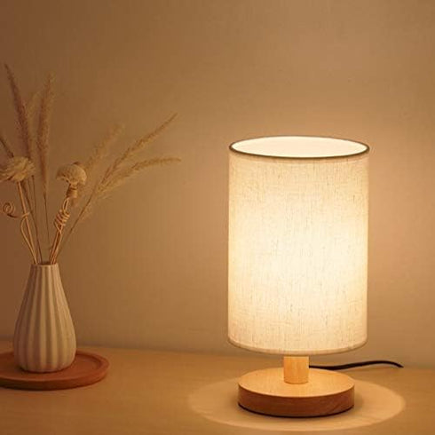 Senmubery Round Bedside Table Lamp Nightstand Lamp with Fabric Shade and Solid Wood for Bedroom, Living Room Modern