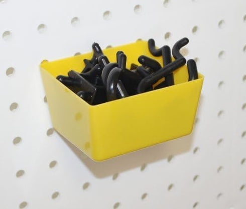 WallPeg Pegboard Bin & Peg Hook Assortment Set, 4 Yellow Bins with J, L, and Jumbo Style Hooks for Organizing