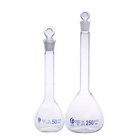 5ml Volumetric Flask with Grinding Stopper Class A Flat Bottom Printed Blue Graduations & Marking Spot, Borosilicate