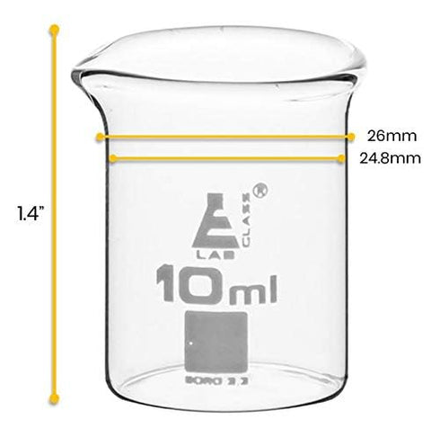 EISCO 12PK Beakers, 10ml - Griffin Style, Low Form with Spout Ungraduated Borosilicate 3.3 Glass- Eisco Labs