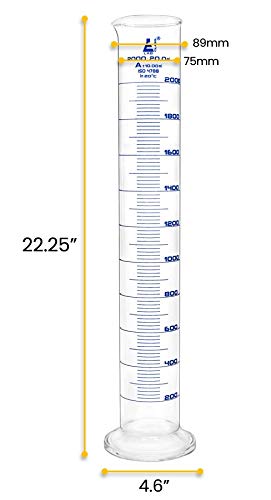 EISCO Graduated Cylinder, 2000ml, Class A Tolerance ±10.0ml, Round Base, Blue Graduations, Borosilicate Glass