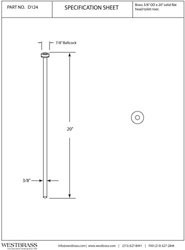 Westbrass R124-05 3/8" x 20" Flat Head Toilet Supply Riser, 1-Pack, Polished Nickel