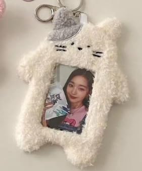 White Cartoon Plush Photocard Holder - Outdoor Girl Korean Style ID Card Cover, Protective Case for Student Badges