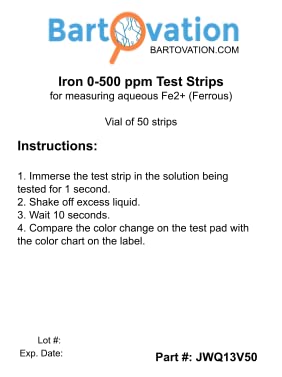 Iron Test Strip 0-500 PPM Aqueous Fe2+ (Ferrous) Iron, 50 Strips