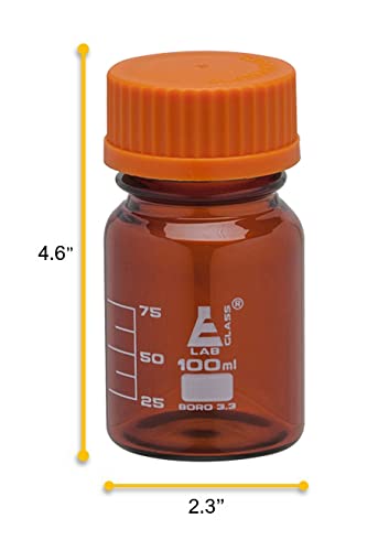 EISCO 100ml Amber Glass Reagent Bottle with Orange Screw Cap, Drip Free Pouring Ring, Borosilicate Glass