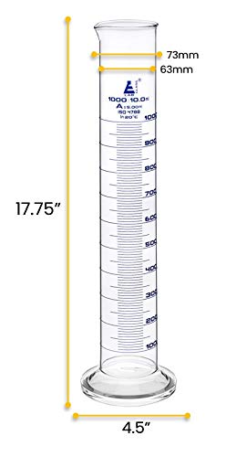 EISCO Graduated Cylinder, 1000ml - Class A Tolerance, Round Base, Blue Graduations, Borosilicate Glass