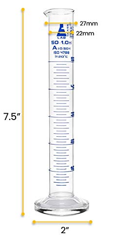 EISCO Graduated Cylinder, 50ml - Class A Tolerance ±0.50ml, Round Base, Blue Graduations, Borosilicate Glass