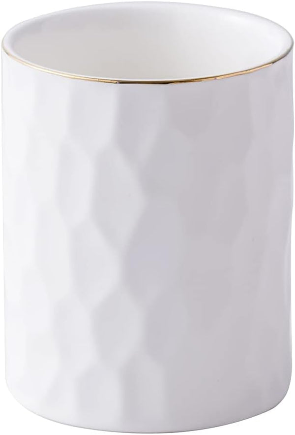 Ceramic Round Irregular Pen Holder for Desk, Cute White Makeup Brush Organizer