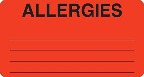 Tabbies Allergy Labels - Allergies, Fluorescent Red, 3-1/4"W x 1-3/4"H, 250 Labels/Roll for Patient Files