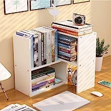 Expandable Wood Desktop Bookshelf - Office Storage Rack, Wood Display Shelf, Corner Desk Storage Shelf