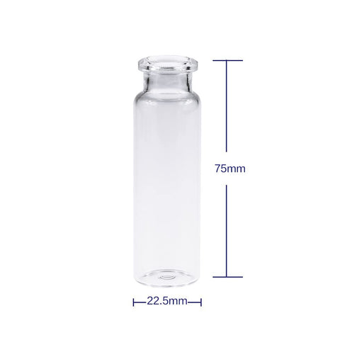 Borosilicate Glass Standard Crimp Headspace Vial, 20ml Capacity, Flat Bottom, Beveled Finish, 22.5x75mm, Pack of 100