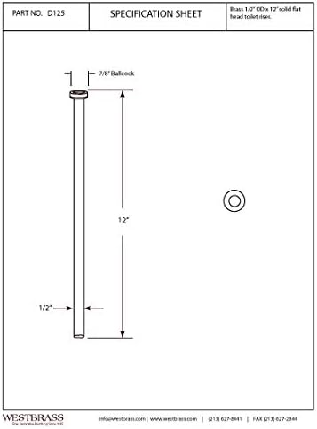 Westbrass D125-03 1/2" x 12" Flat Head Toilet Riser Supply Line, 1-Pack, Polished Brass