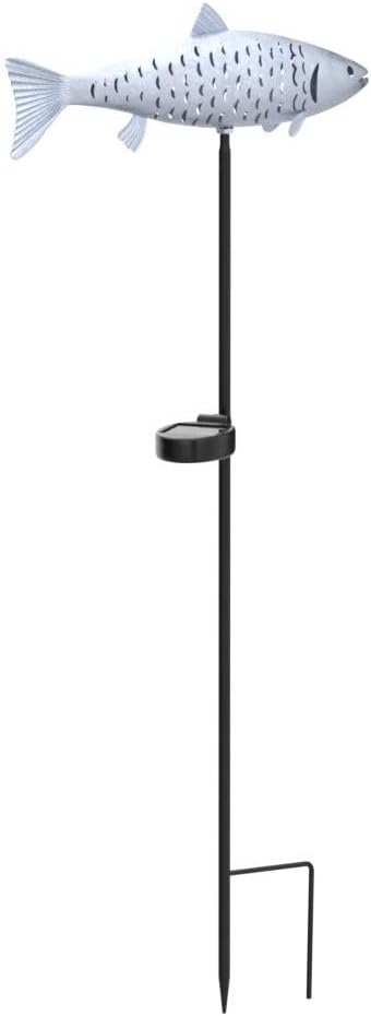 (Silver-2) KAIXOXIN Solar Garden Lights Metal Fish Decorative Stake for Outdoor Patio Yard Decorations,Warm White LED