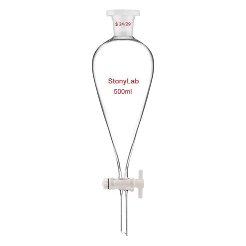 StonyLab Borosilicate Glass 500 ml Heavy Wall Conical Separatory Funnel with 24/29 Joints and PTFE Stopcock