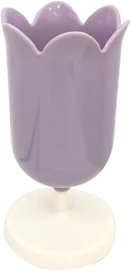Purple Tulip Pen Holder for Desk, Cute Plastic Makeup Box, Small Stationery Organizer, Pencil Stand for Office Supplies