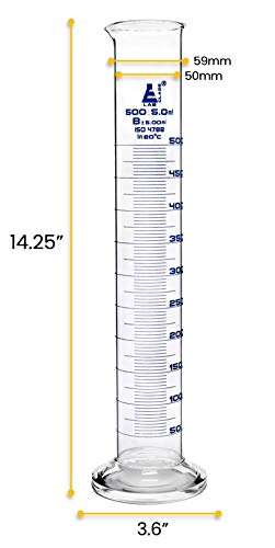 EISCO Graduated Cylinder, 500ml Class B, Tolerance ±5.00ml, Round Base, Blue Graduations, Borosilicate Glass