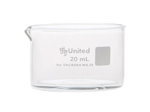 United Scientific Supplies Crystallizing Dish, 20mL Flat Bottom with Spout, Borosilicate 3.3 Glass, Pack of 6, Clear