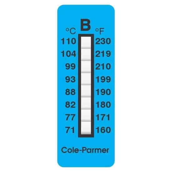 Digi-Sense Irreversible 8-Point Vertical Temperature Label, 160-230F/71-110C; 25/Pk