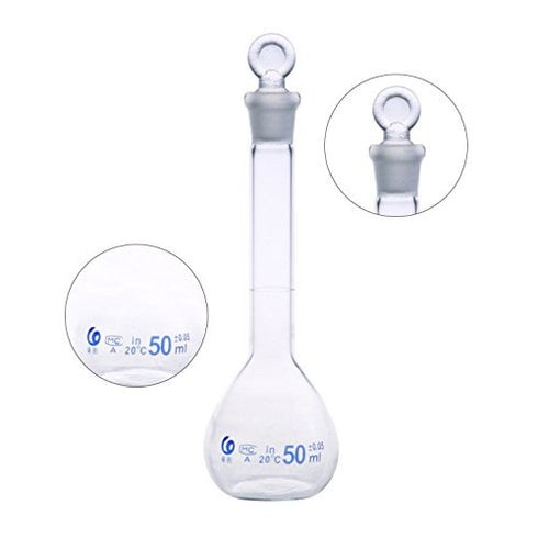 5ml Volumetric Flask with Grinding Stopper Class A Flat Bottom Printed Blue Graduations & Marking Spot, Borosilicate