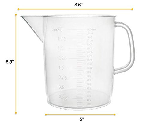 EISCO Plastic Pitcher, 2000mL (2L) - Short Form, Euro Design, Molded Graduations, Chemical Resistant & Autoclavable