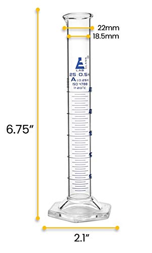 EISCO Graduated Cylinder, 25ml Class A Tolerance ±0.25ml, Hexagonal Base, Blue Graduations, Borosilicate Glass