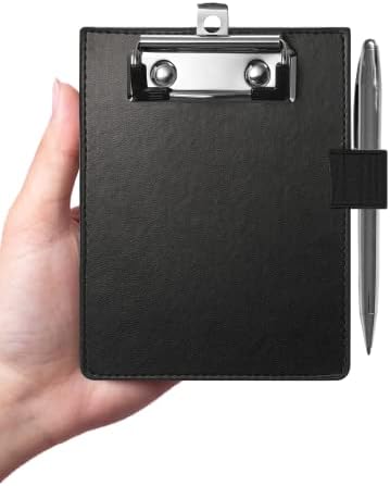 Mini Clipboards 4"x6" - Small Faux Leather Memo Pocket Clipboard with Pen Holder for Receipts & Notepads (Black)