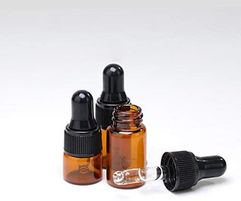 50 Pack 1ml Amber Glass Dropper Vials for Essential Oils, Empty Bottles with Black Screw Cap