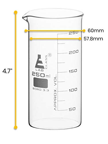 EISCO Beaker, 250ml - Tall Form with Spout - White, 25ml Graduations - Borosilicate 3.3 Glass