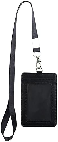 Badge Holder with Detachable Lanyard, Vertical PU Leather ID Holder with Clear ID Window & Card Slot (Black)