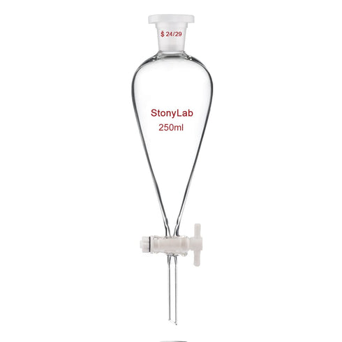 StonyLab Borosilicate Glass 250ml Heavy Wall Conical Separatory Funnel, 24/29 Joints, PTFE Stopcock