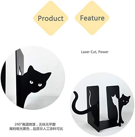 MsFun Books Ends Decorative, Cat Bookends Cute for Bookshelf,Unique Heavy Books Holder, Black Office Decor Cat Desk