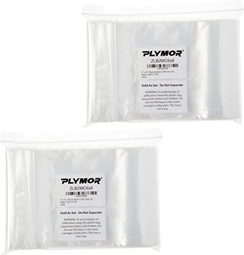 Plymor 6" x 8" Reclosable Plastic Bags, 2 Mil (Pack of 200)