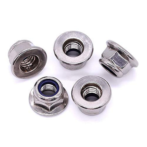 M8 x 1.25mm Flange Washer Nylon Insert Hex Locknuts - 10 PCS, 304 Stainless Steel 18-8, Bright Finish