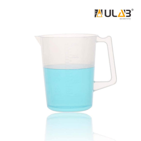ULAB Handled Plastic Beaker, 2000ml Volume, PP Material, with Spout and Molded Graduation, UBP1012