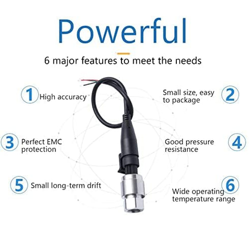 100 Psi Pressure Transducer Sensor for Oil, Fuel, Air, Water, 1/8" NPT Thread