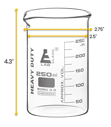 EISCO Heavy Duty Beaker, 250ml - 5mm Thick, Uniform Walls - Superior Durability & Chemical Resistance - White Graduations - Borosilicate 3.3 Glass