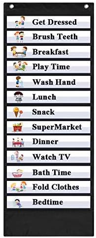 EAMAY Teacher Daily Schedule Pocket Chart, Black Classroom Chart with 18 Reusable Custom Cards