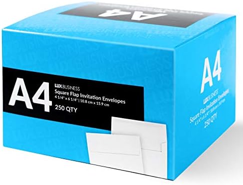LUXPaper A4 Invitation Envelopes, 4 1/4" x 6 1/4", Bright White, 70lb Text, 250 Qty