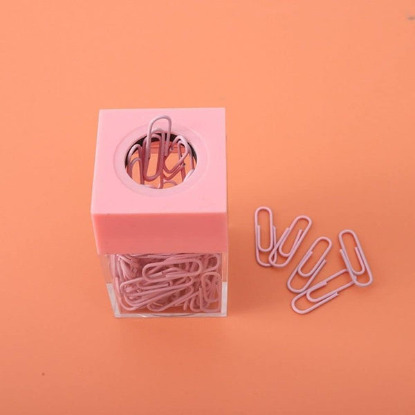 Pink Magnetic Paper Clip Dispenser Holder, Clear Acrylic Organizers with Magnetic Top for Desk.