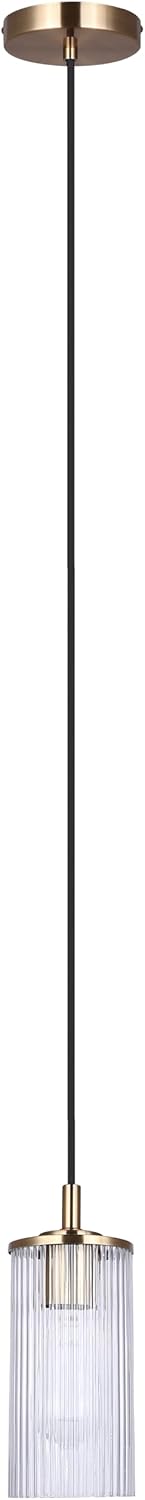 1 Canarm Kinslea Light Pendant Light, Gold Finish with Ribbed Glass Shade, Adjustable Black Cord, Contemporary Lighting