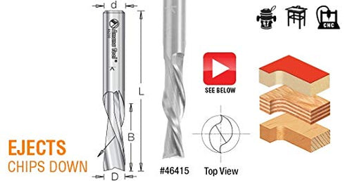 Amana Tool 46402 SC Spiral Plunge Router Bit, 1/64 Dia x 3/32 Cut Height x 1/8 Shank x 2 Inch Long, 2 Flute Down-Cut