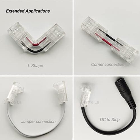 2-Pin 8mm COB LED Strip to Wire Connector, Unwired Clips Solderless Adapter for High Density LED Strip Lights