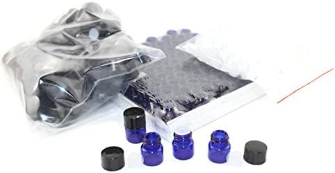 1/4 Dram (1ml) Cobalt Blue Glass Vial Bottle (144) with Flat Black Screw Caps and Orifice Reducers