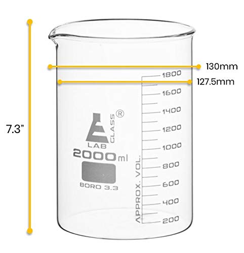 EISCO 2000ml Beaker - Borosilicate Glass, Low Form with Spout, 200ml Graduations