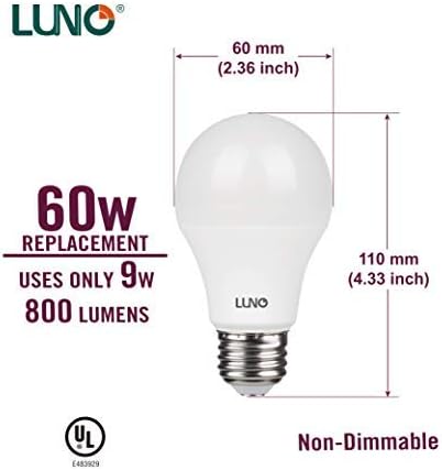 LUNO A19 Non-Dimmable LED Bulb, 9.0W (60W Equivalent), 800 Lumens, 4000K Neutral White, 8-Pack