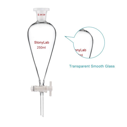 StonyLab Borosilicate Glass 250ml Heavy Wall Conical Separatory Funnel, 24/29 Joints, PTFE Stopcock