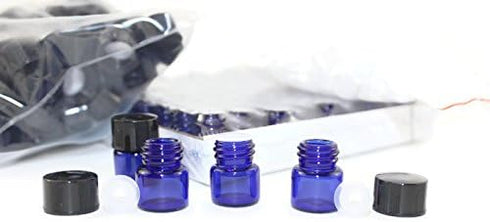 1/4 Dram (1ml) Cobalt Blue Glass Vial Bottle (144) with Flat Black Screw Caps and Orifice Reducers