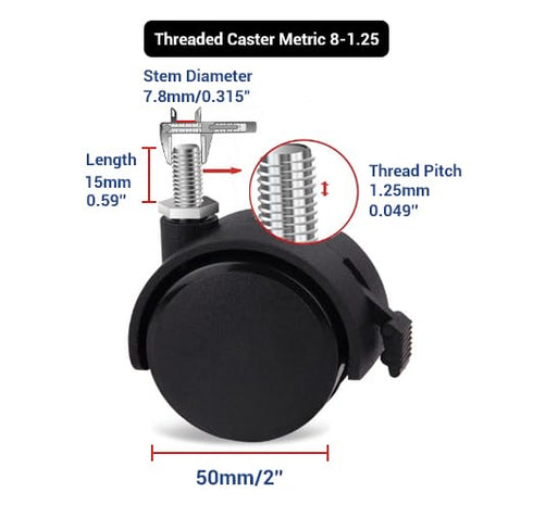 Guildrey Threaded Caster, M8-1.25 Swivel Stem Replacement, Set of 4 Office Chair Wheels with Locking Brake